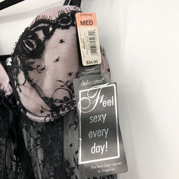 Delicates Floral Lace Babydoll Lingerie Size Medium Black NWT Whymsigoth - Picture 4 of 9